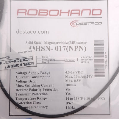 New Destaco Robohand OHSN-017 Solid State Sensor, NPN, 4.5-28VDC, M8 3-Pin Male