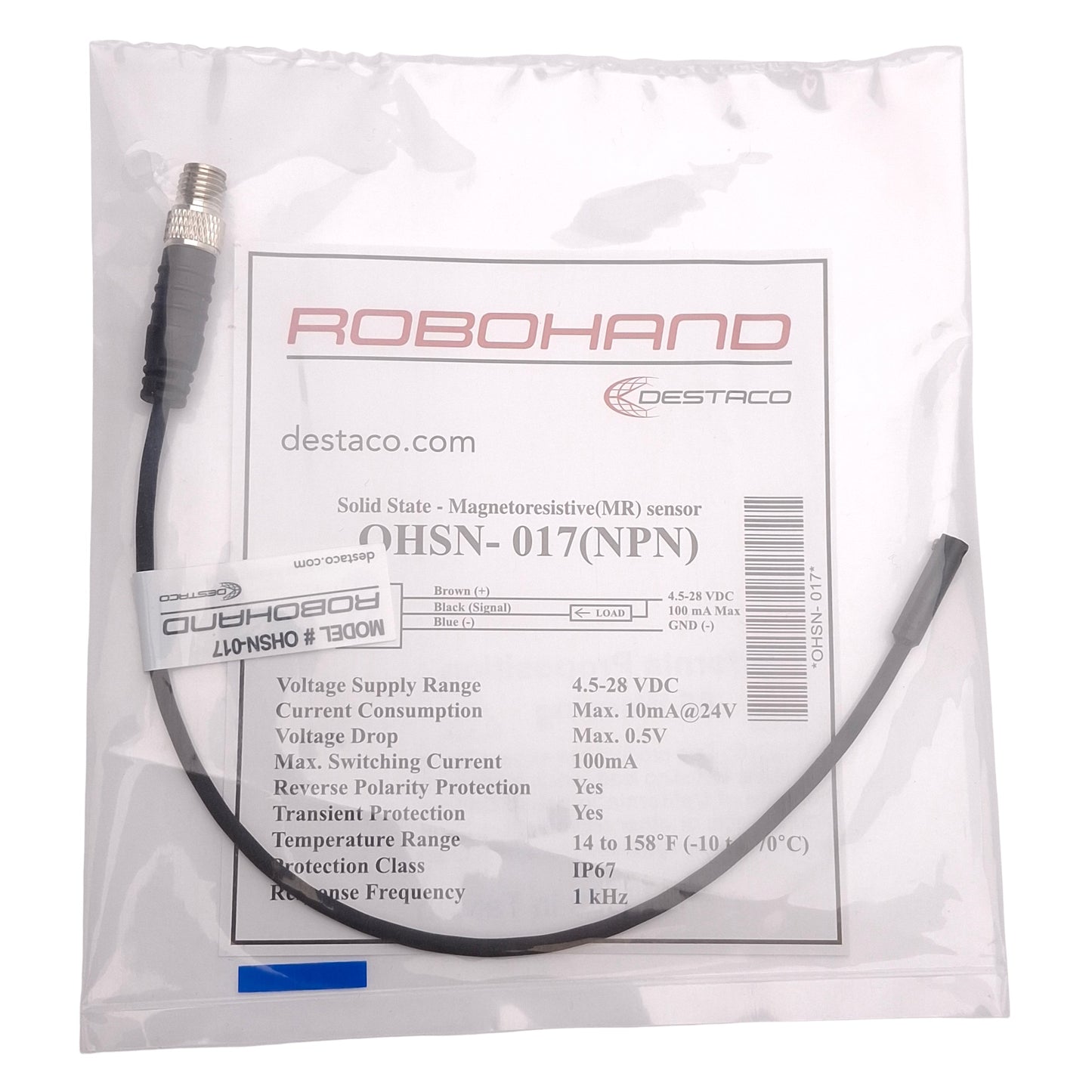 New Destaco Robohand OHSN-017 Solid State Sensor, NPN, 4.5-28VDC, M8 3-Pin Male