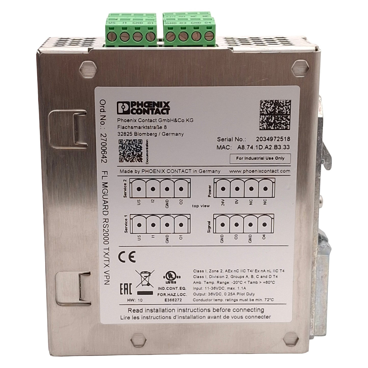 Used Phoenix Contact 2700642 FL mGuard rs2000 TX/TX VPN Router 10/100Mbps RJ45 24VDC