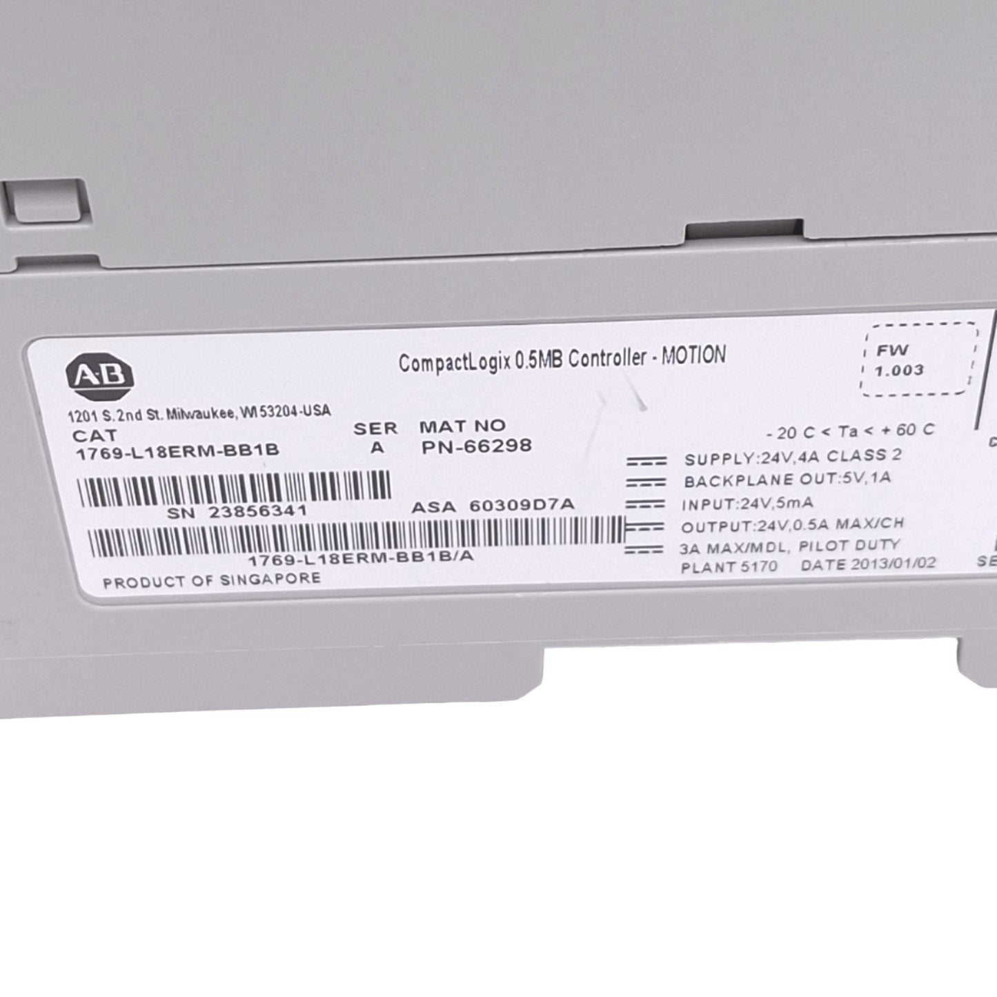 Used Allen Bradley 1769-L18ERM-BB1B A CompactLogix Controller, 16DI 16DO, 24VDC