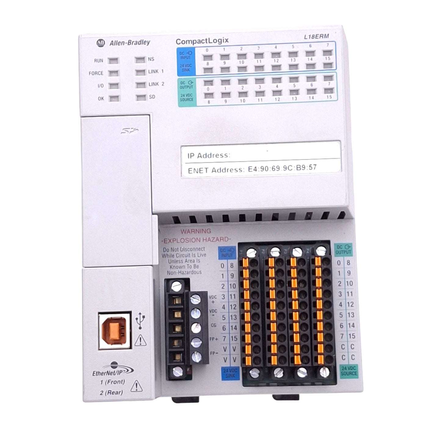Used Allen Bradley 1769-L18ERM-BB1B A CompactLogix Controller, 16DI 16DO, 24VDC