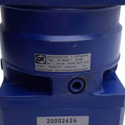 Used Alpha SP 100-MF1-7-151-000 Gearhead 7:1, 3/4"-IN, 32mm-OUT, 100mm Frame
