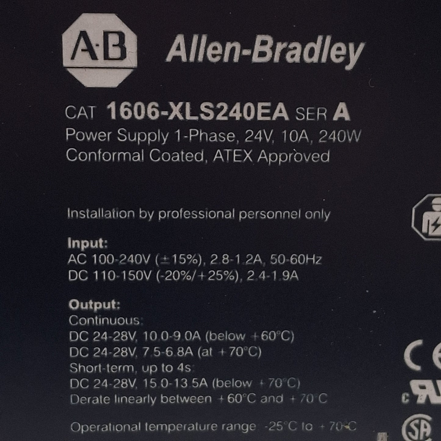 Used Allen Bradley 1606-XLS240EA PLC Power Supply, 240W, 24VDC 10A Output, DIN Rail