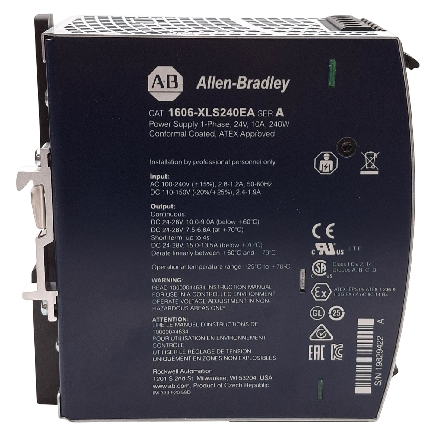 Used Allen Bradley 1606-XLS240EA PLC Power Supply, 240W, 24VDC 10A Output, DIN Rail