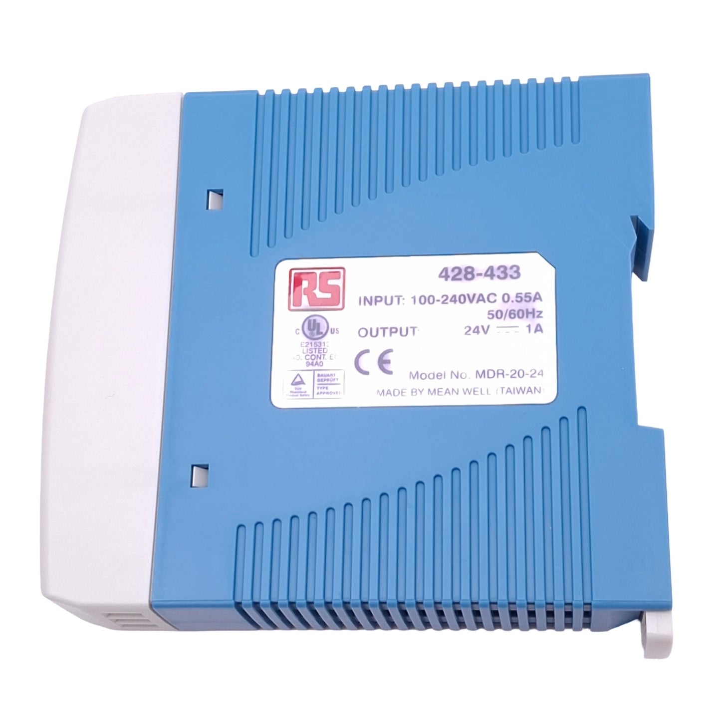 New Meanwell MDR-20-24 Power Supply, 100-240VAC In, 24VDC 1A Out, 24W Max