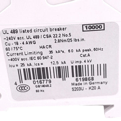 New ABB S203U-K20A Circuit Breaker, 3-Pole 20A, 240VAC Max, DIN Rail Mount