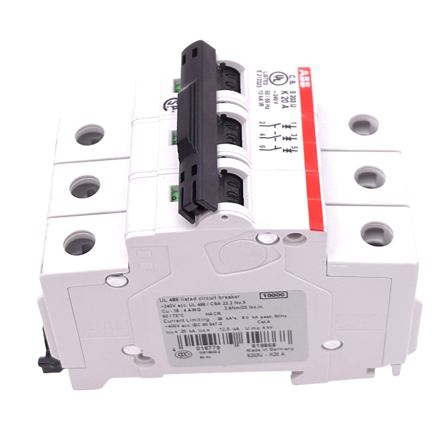 New ABB S203U-K20A Circuit Breaker, 3-Pole 20A, 240VAC Max, DIN Rail Mount