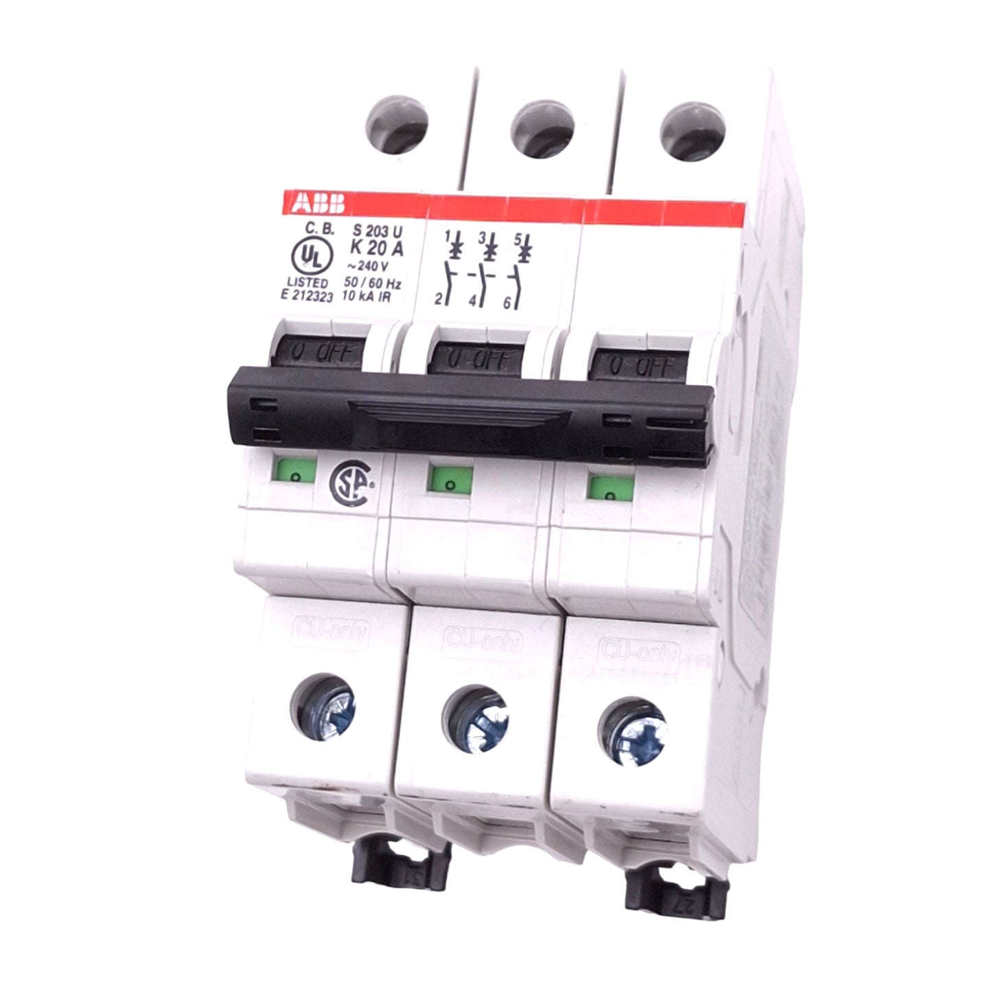 New ABB S203U-K20A Circuit Breaker, 3-Pole 20A, 240VAC Max, DIN Rail Mount
