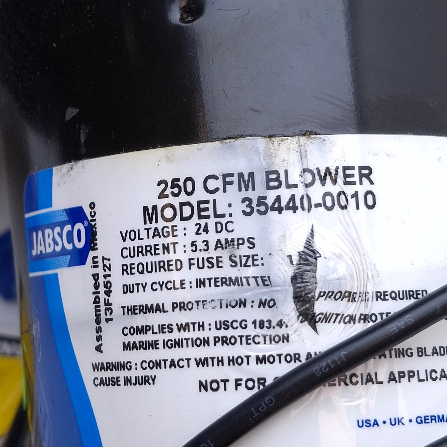 Used Jabsco 35440-0010 OEM Blower 24VDC, 5.3A Current, 250CFM Air Flow, ø4" Wheel