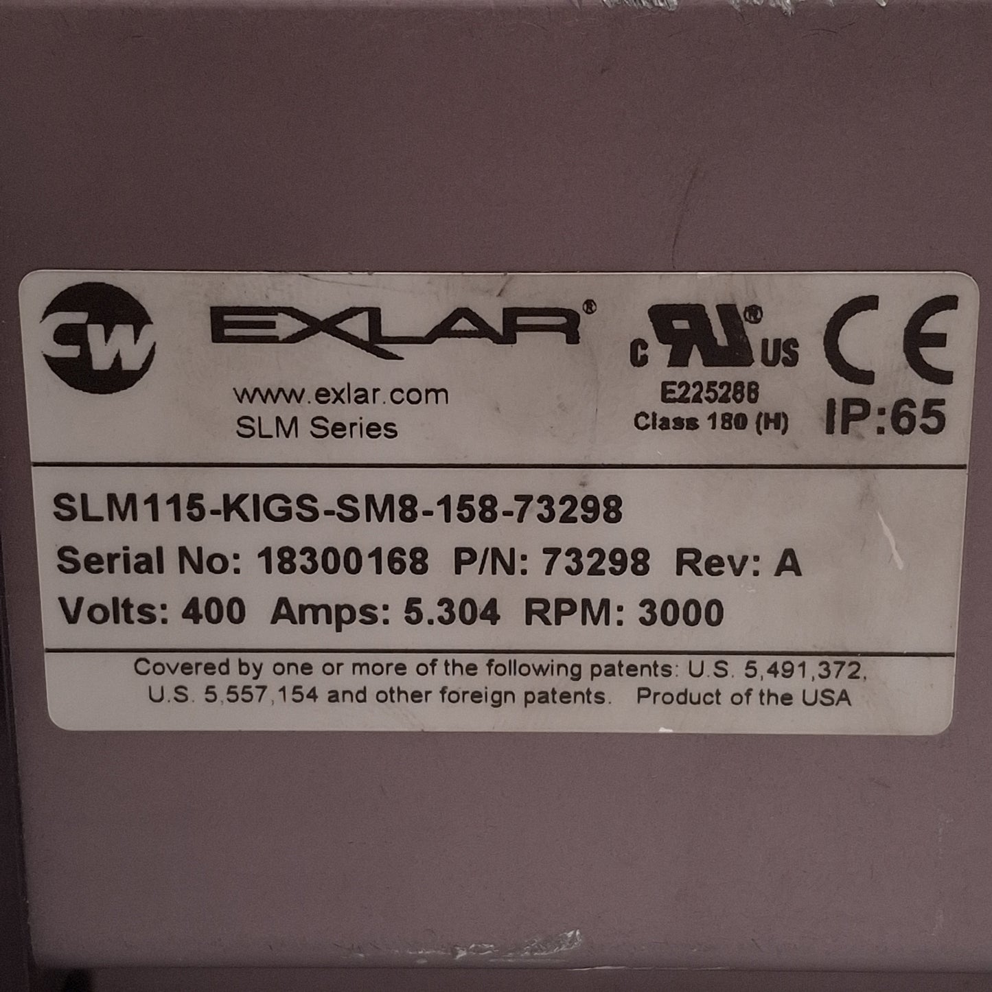 Used Exlar SLM115-KIGS-SM8-158-73298 Servo Motor 400VAC 5.304A, 3000rpm, 115mm Flange