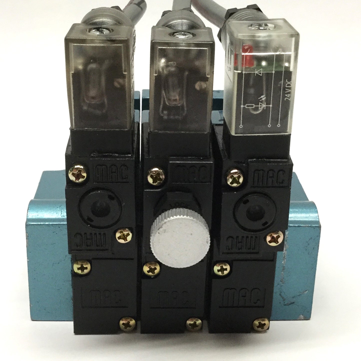 Used Manifold of (3x) MAC 45A-LAC-DDAJ-3KE 4-Way Solenoid Valves 24VDC, 1/8" NPT Base