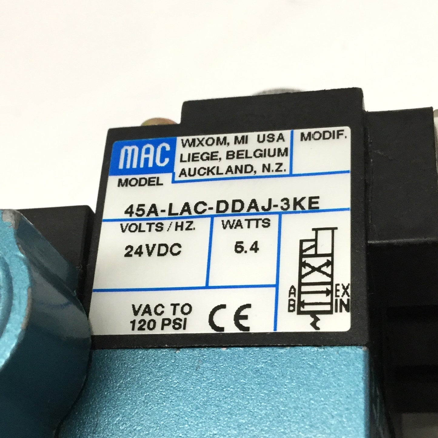 Used Manifold of (3x) MAC 45A-LAC-DDAJ-3KE 4-Way Solenoid Valves 24VDC, 1/8" NPT Base