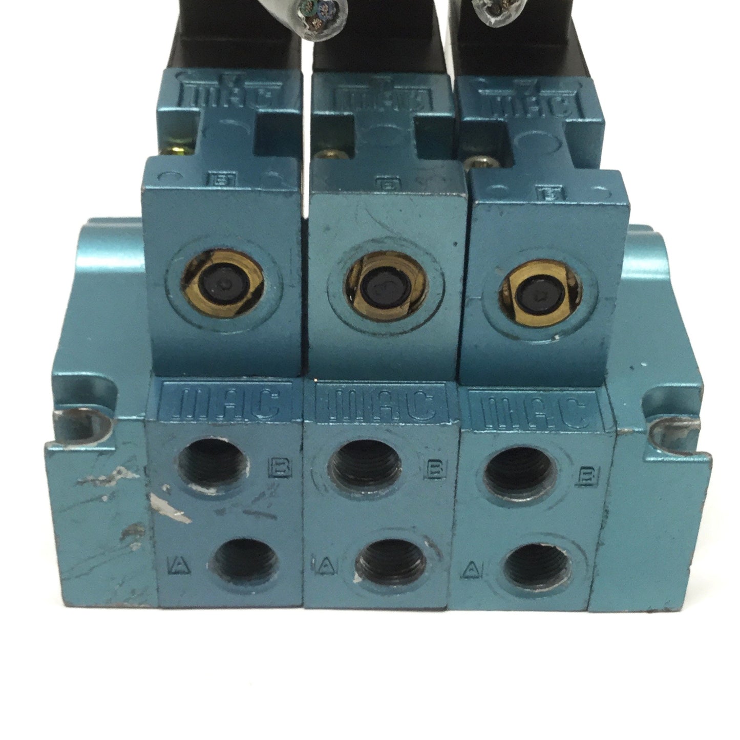 Used Manifold of (3x) MAC 45A-LAC-DDAJ-3KE 4-Way Solenoid Valves 24VDC, 1/8" NPT Base