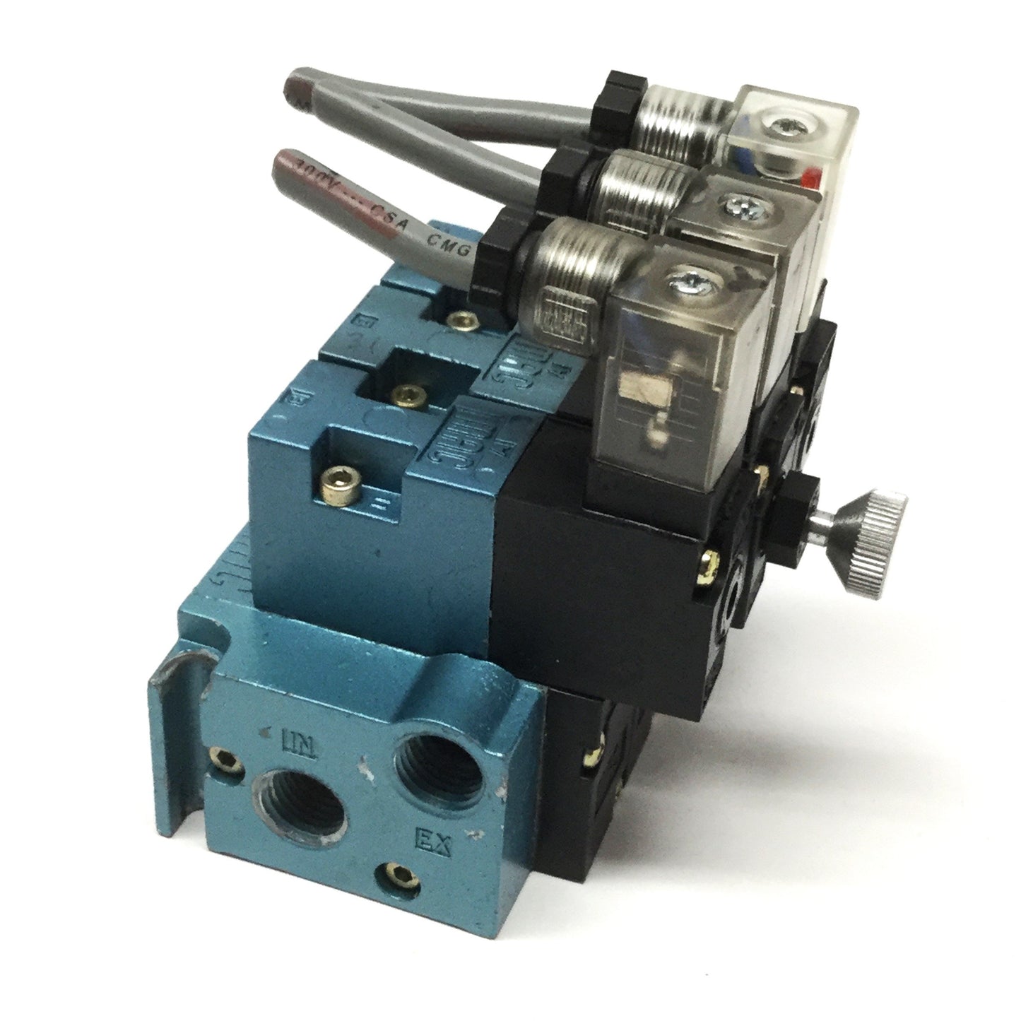Used Manifold of (3x) MAC 45A-LAC-DDAJ-3KE 4-Way Solenoid Valves 24VDC, 1/8" NPT Base