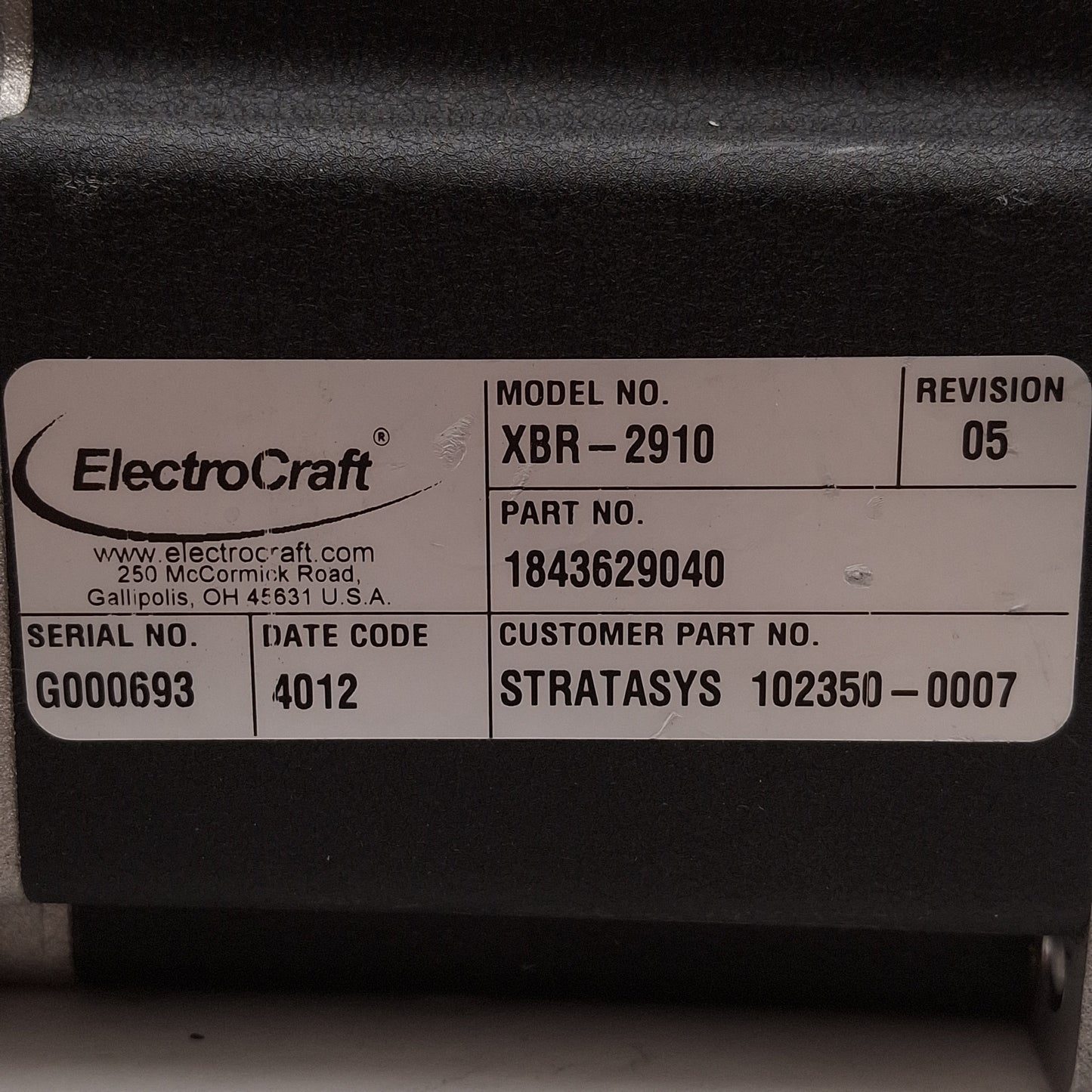 Used ElectroCraft XBR-2910 Servo Motor, 0.31kW, 230VAC, 6000rpm, NEMA 42, 2.0m Leads