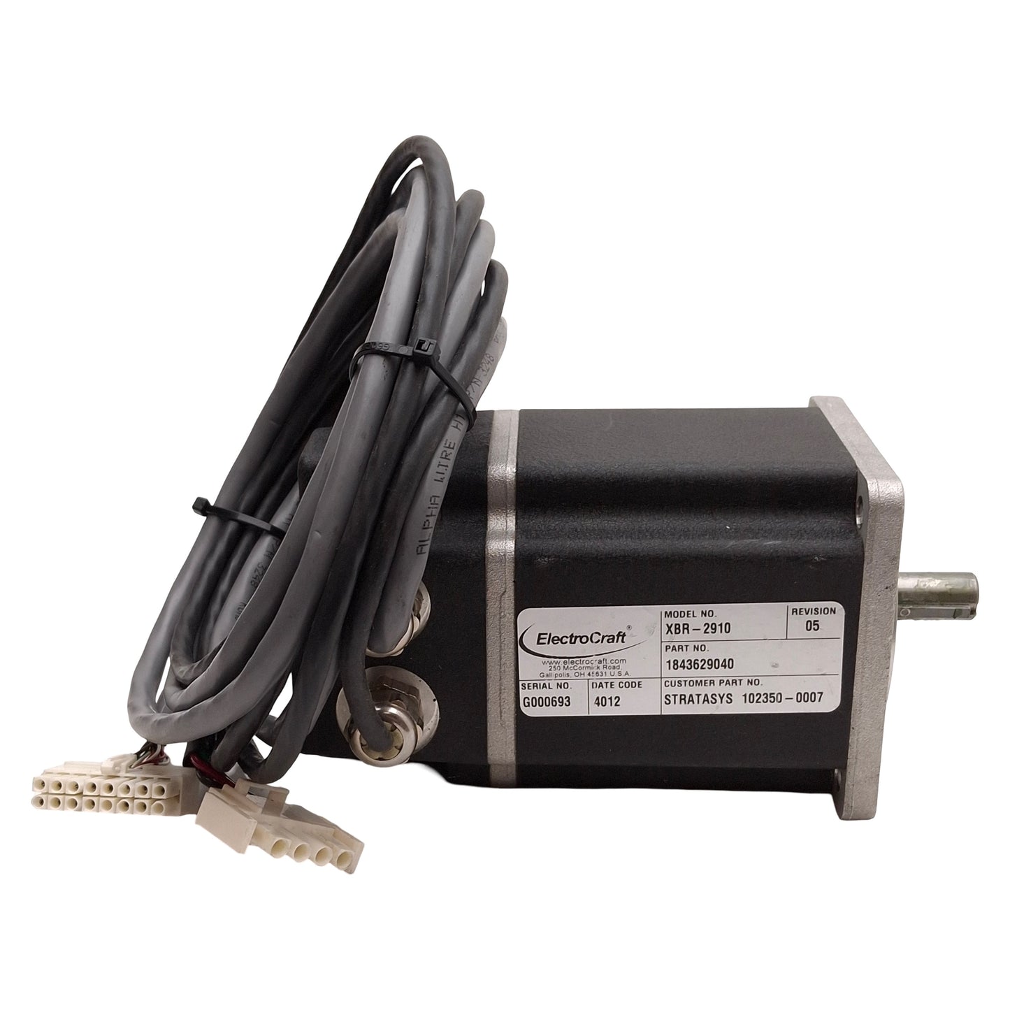 Used ElectroCraft XBR-2910 Servo Motor, 0.31kW, 230VAC, 6000rpm, NEMA 42, 2.0m Leads