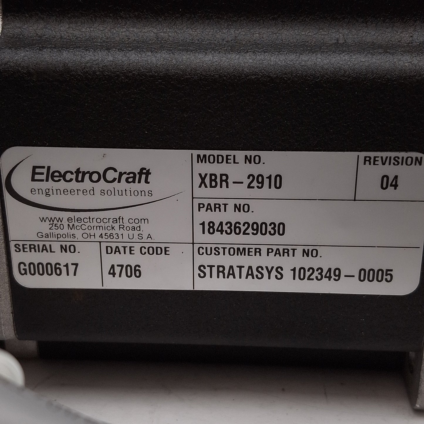 Used ElectroCraft XBR-2910 Servo Motor, 0.31kW, 230VAC, 6000rpm, NEMA 42, 2.5m Leads