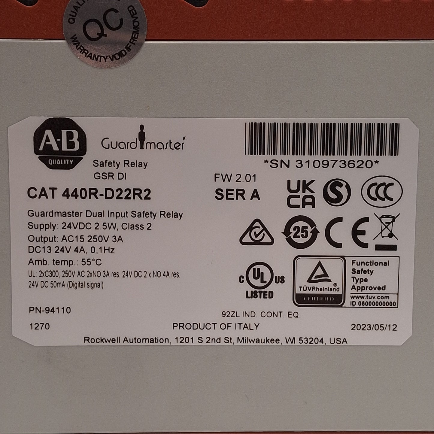 Used Allen Bradley 440R-D22R2 GSR DI Guardmaster Dual Input Safety Relay, 24VDC 2.5W