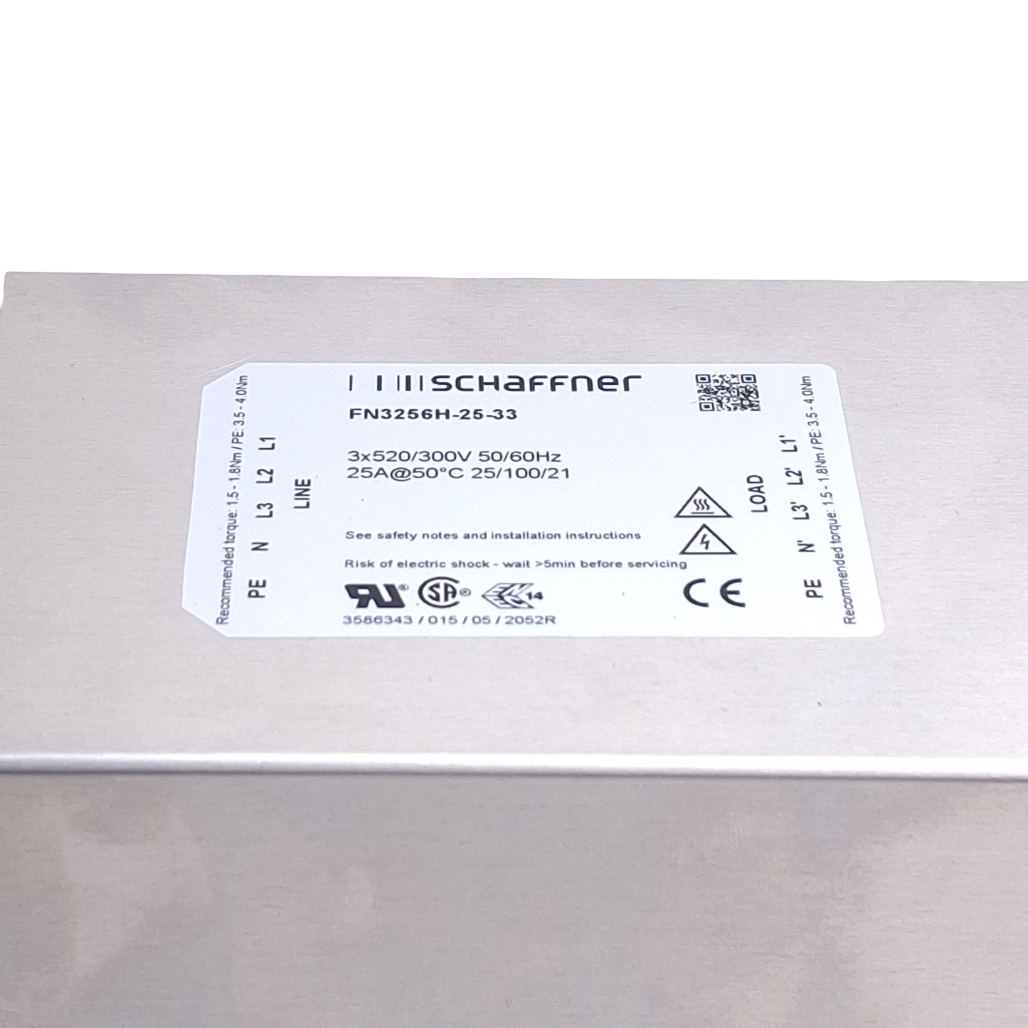 Used Schaffner FN3256H-25-33 Power Line Filter 3x520/300V 50/60Hz Max, 25A