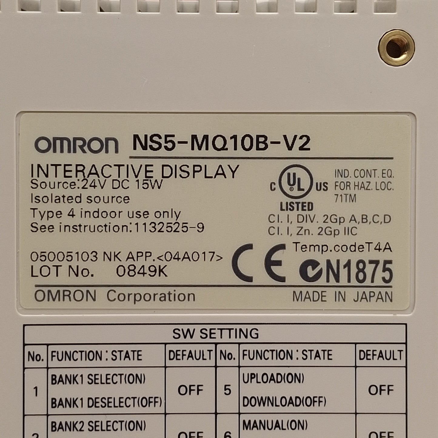 Used Omron NS5-MQ10B-V2 Interactive Display HMI, 5.7" STN Monochrome, 24VDC 15W