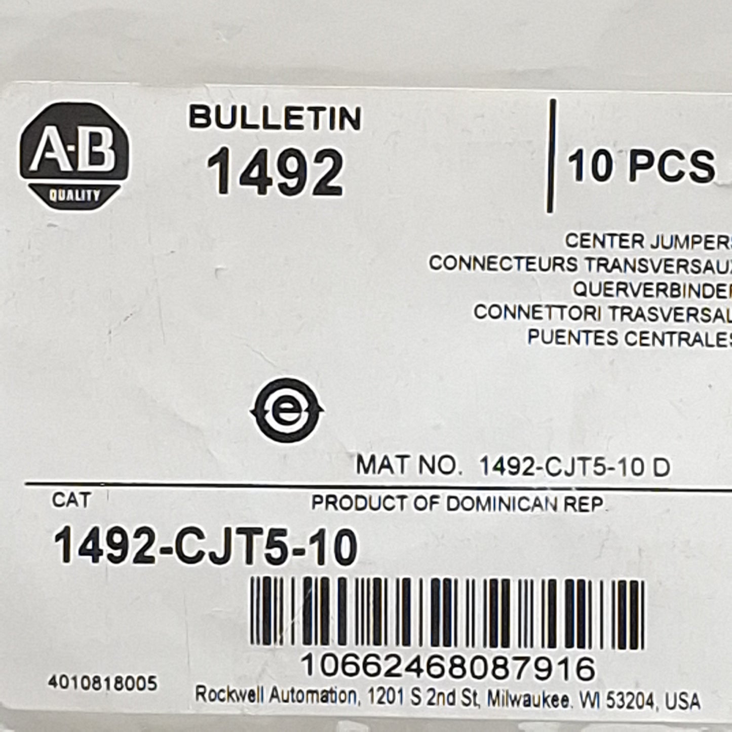 Used Lot of 10 Allen Bradley 1492-CJT5-10 Terminal Block Screw Center Jumper 10-Pole
