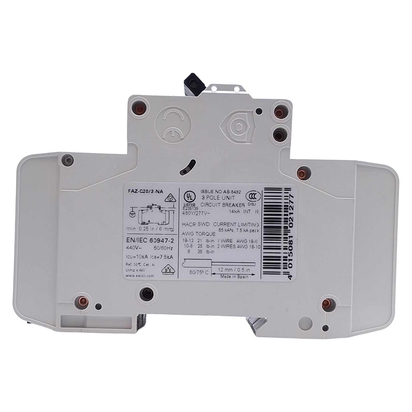 Used Eaton FAZ-C20/3-NA Circuit Breaker 3-Pole, 20A, 277/480VAC, DIN Rail Mount