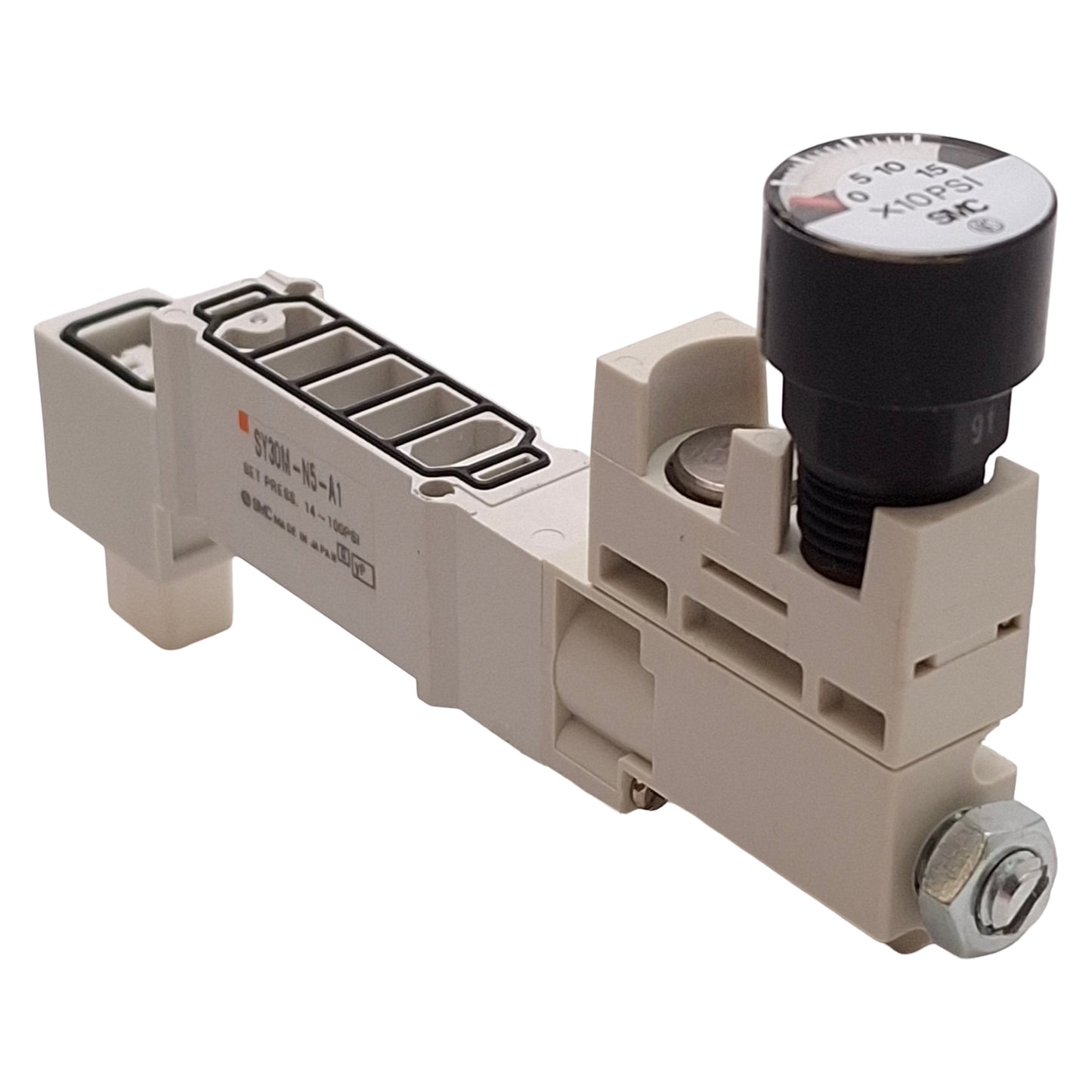 Used SMC SY30M-N5-A1 Interface Regulator w/ Gauge, SY3000, Odd Station, 14-100psi Set