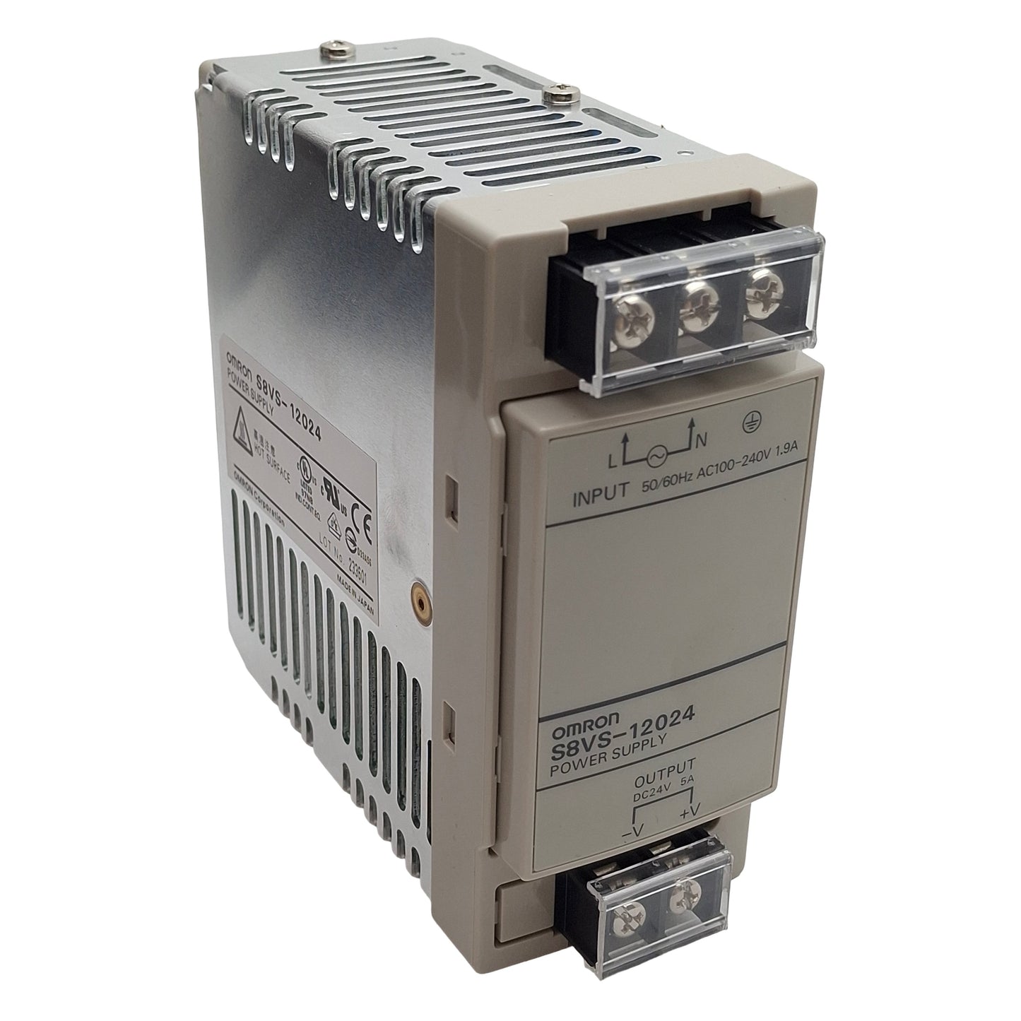 Used Omron S8VS-12024 Power Supply, 100-240VAC In, 5A 24VDC Out, DIN Rail
