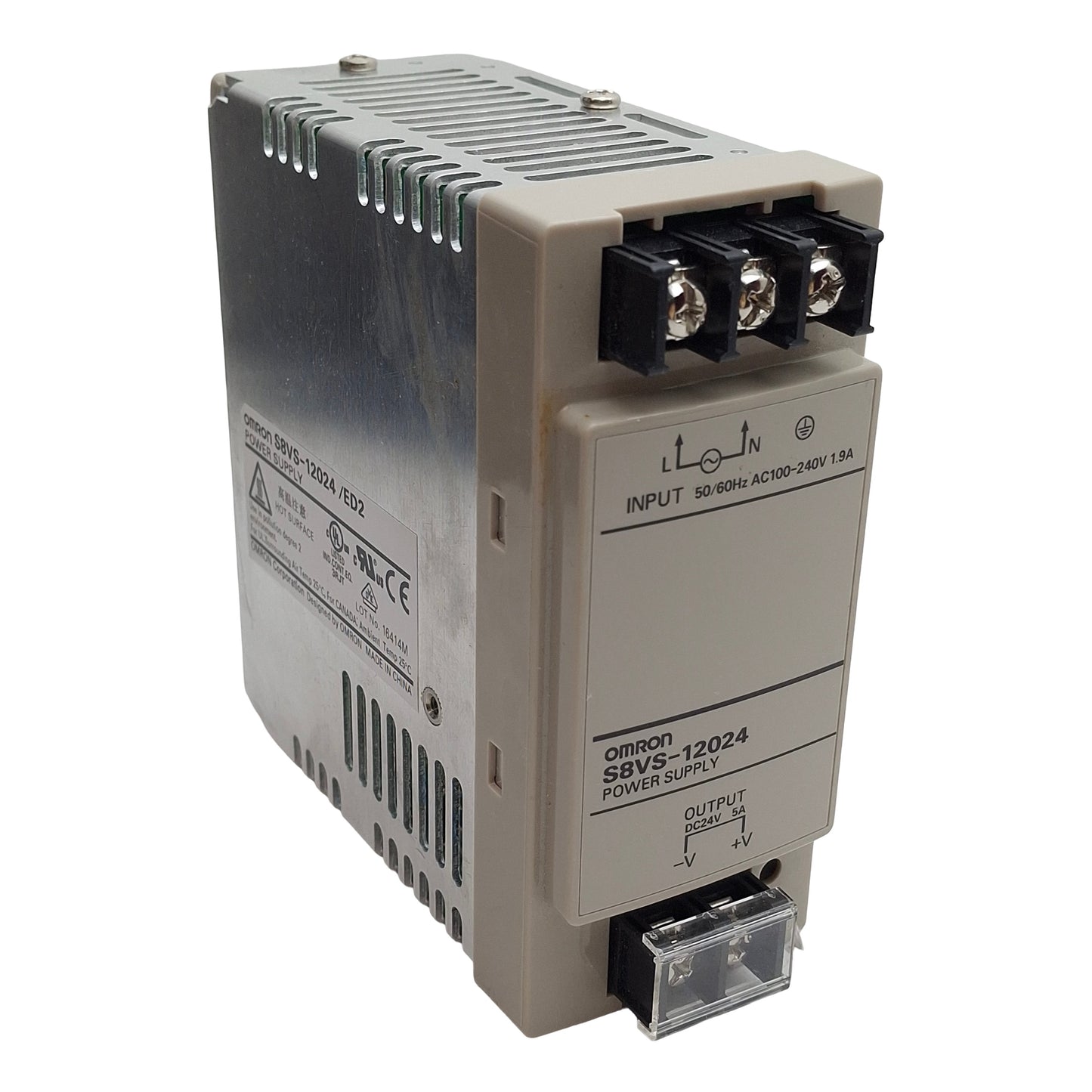 Used Omron S8VS-12024/ED2 Power Supply, 100-240VAC In, 5A 24VDC Out, DIN Rail