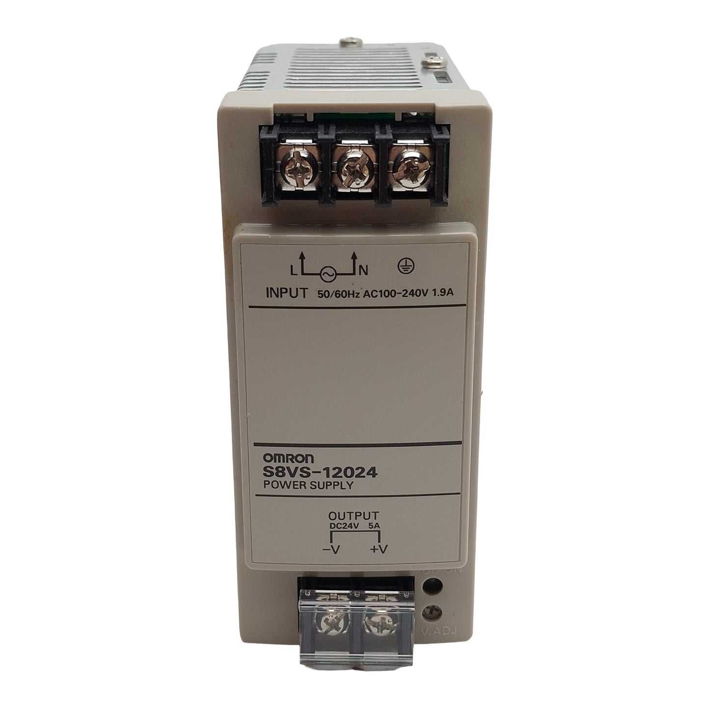 Used Omron S8VS-12024/ED2 Power Supply, 100-240VAC In, 5A 24VDC Out, DIN Rail