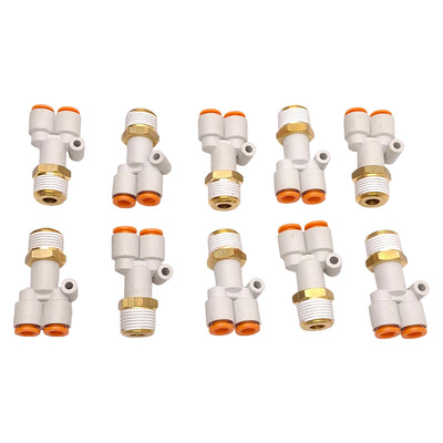 New – Open box Lot of 10 SMC KQ2U07-36S Branch Y Fitting, -0.1~1.0MPa, ø1/4in One-Touch, 3/8NPT