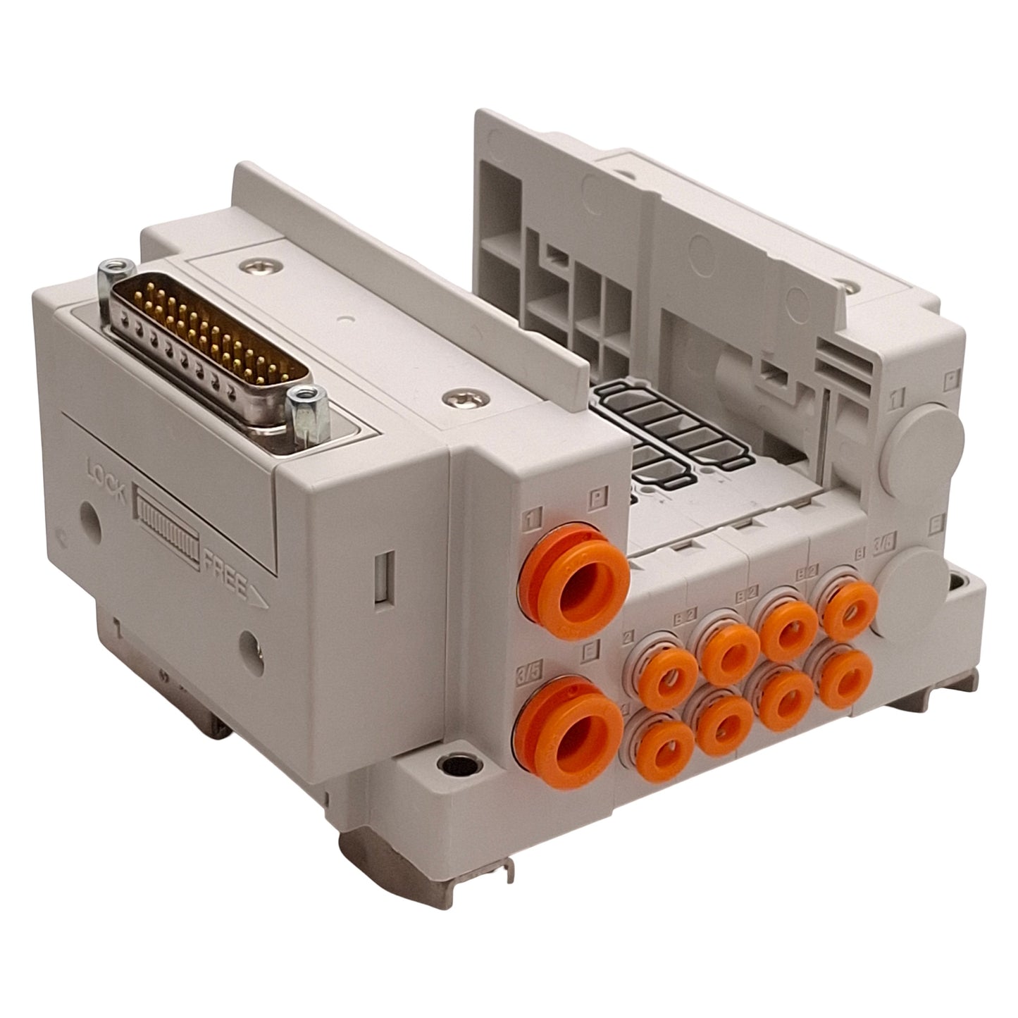 Used SMC SS5Y3-10F1-04D-N3D Manifold Base, 4-Station, ø5/32 One-Touch, DB25, DIN Rail