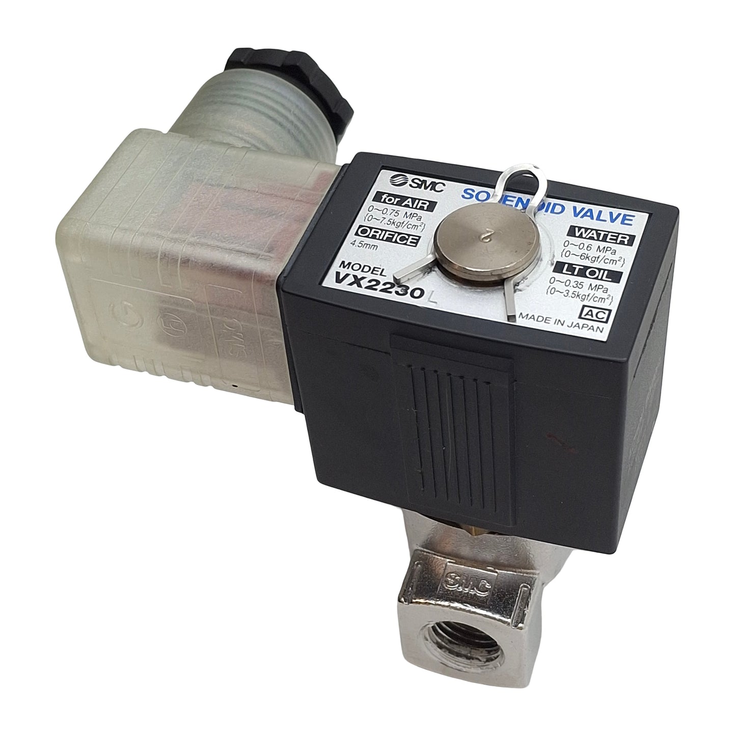 Used SMC VX2230L-02 Solenoid Valve, 2-Way, 1/4in NPT, 0.75MPa/0.6MPa, 110/120VAC Coil