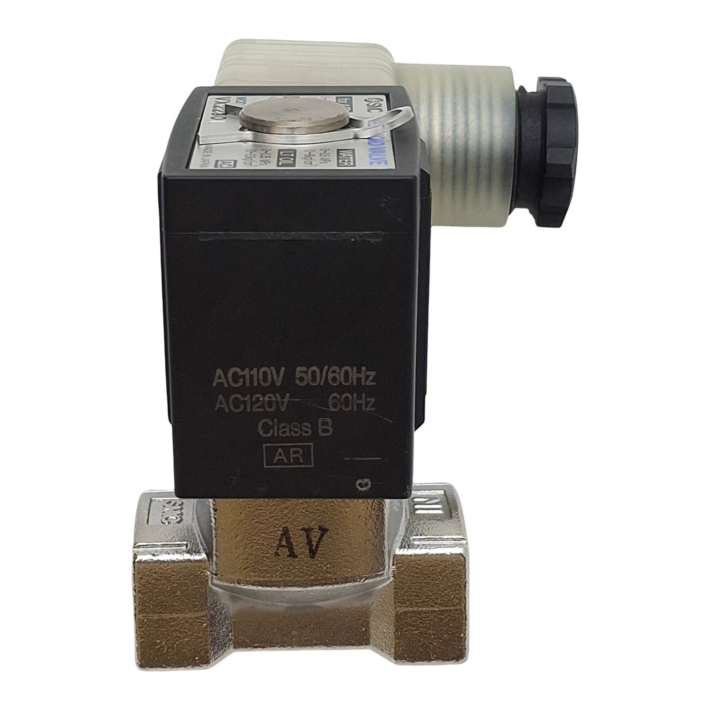 Used SMC VX2230L-02 Solenoid Valve, 2-Way, 1/4in NPT, 0.75MPa/0.6MPa, 110/120VAC Coil