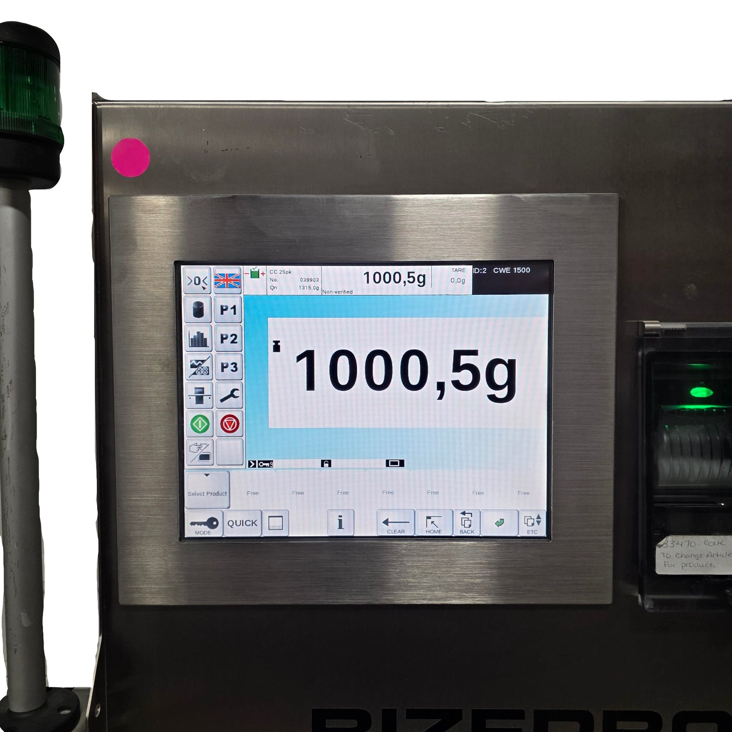 Used BIZERBA CWE 1500 Automatic Checkweigher 10-1500 Grams, 120/220VAC 5/3A 1-Ph
