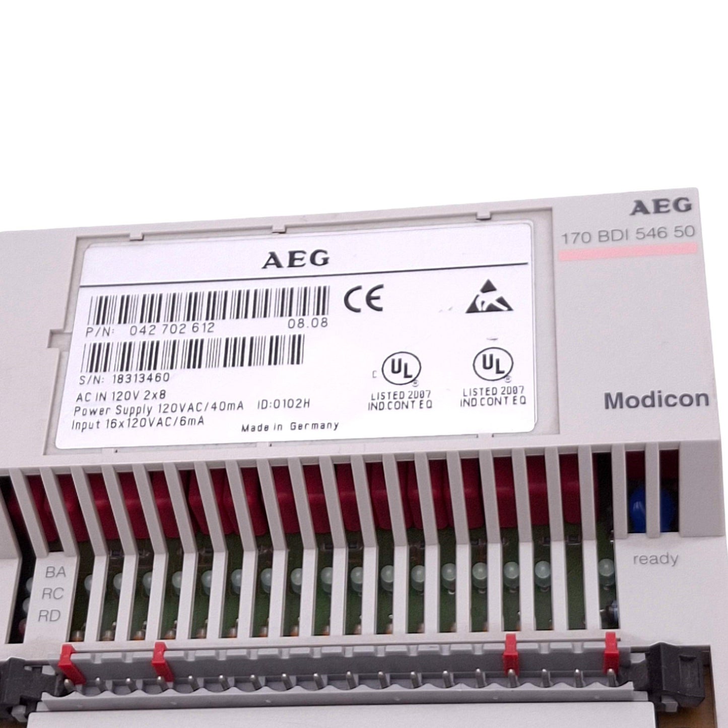 Used Modicon 170-BDI-546-50 PLC Input Module, 16 Input, 120VAC In, DIN Rail