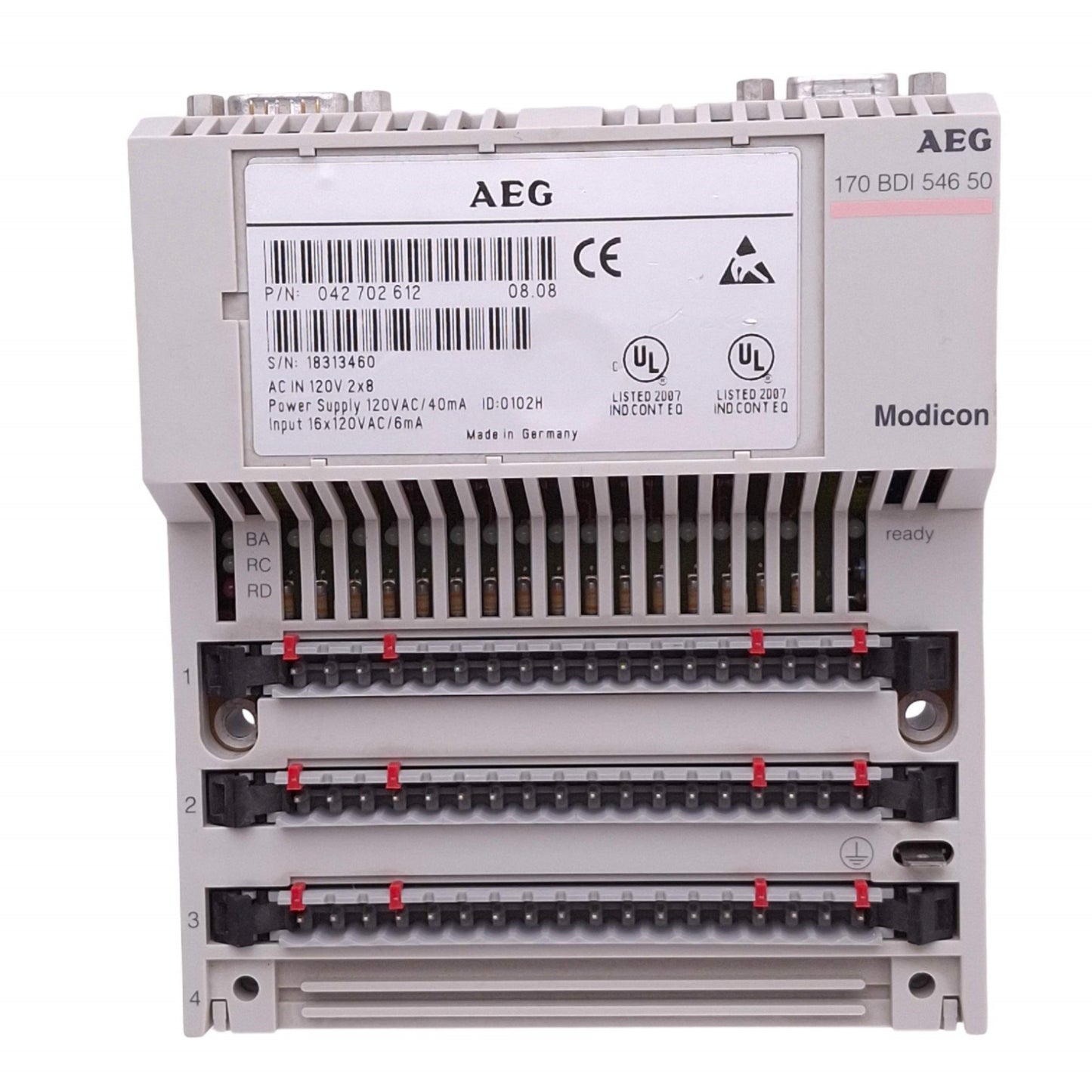 Used Modicon 170-BDI-546-50 PLC Input Module, 16 Input, 120VAC In, DIN Rail