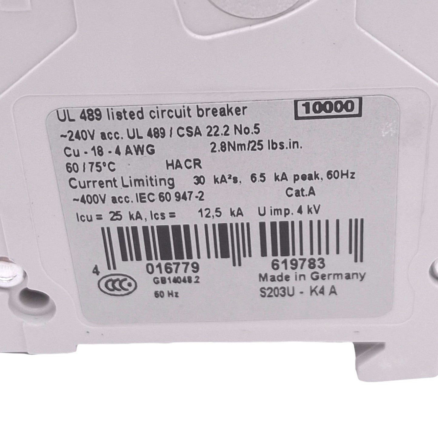 New ABB S203U-K4A Circuit Breaker, 3-Pole 4A, 240VAC Max, DIN Rail Mount
