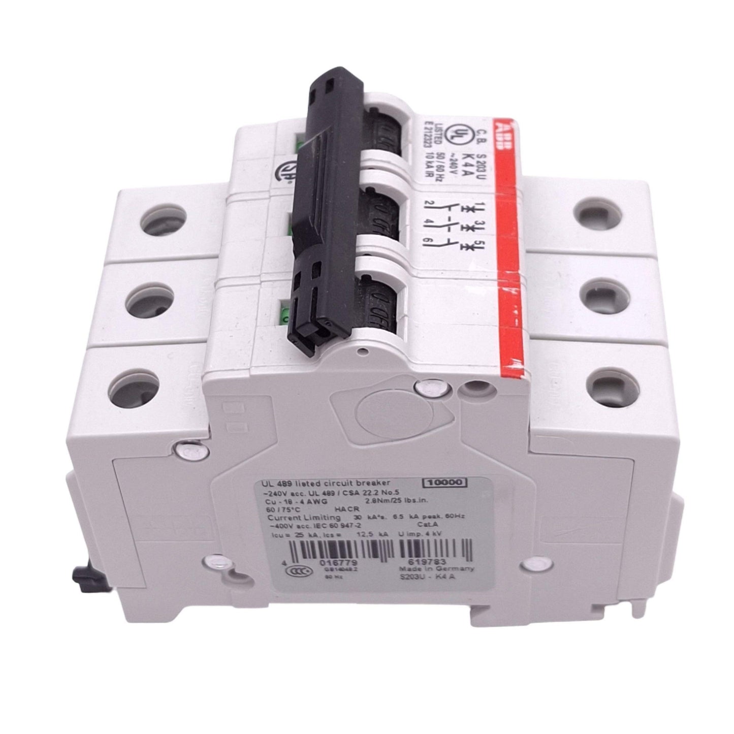 New ABB S203U-K4A Circuit Breaker, 3-Pole 4A, 240VAC Max, DIN Rail Mount