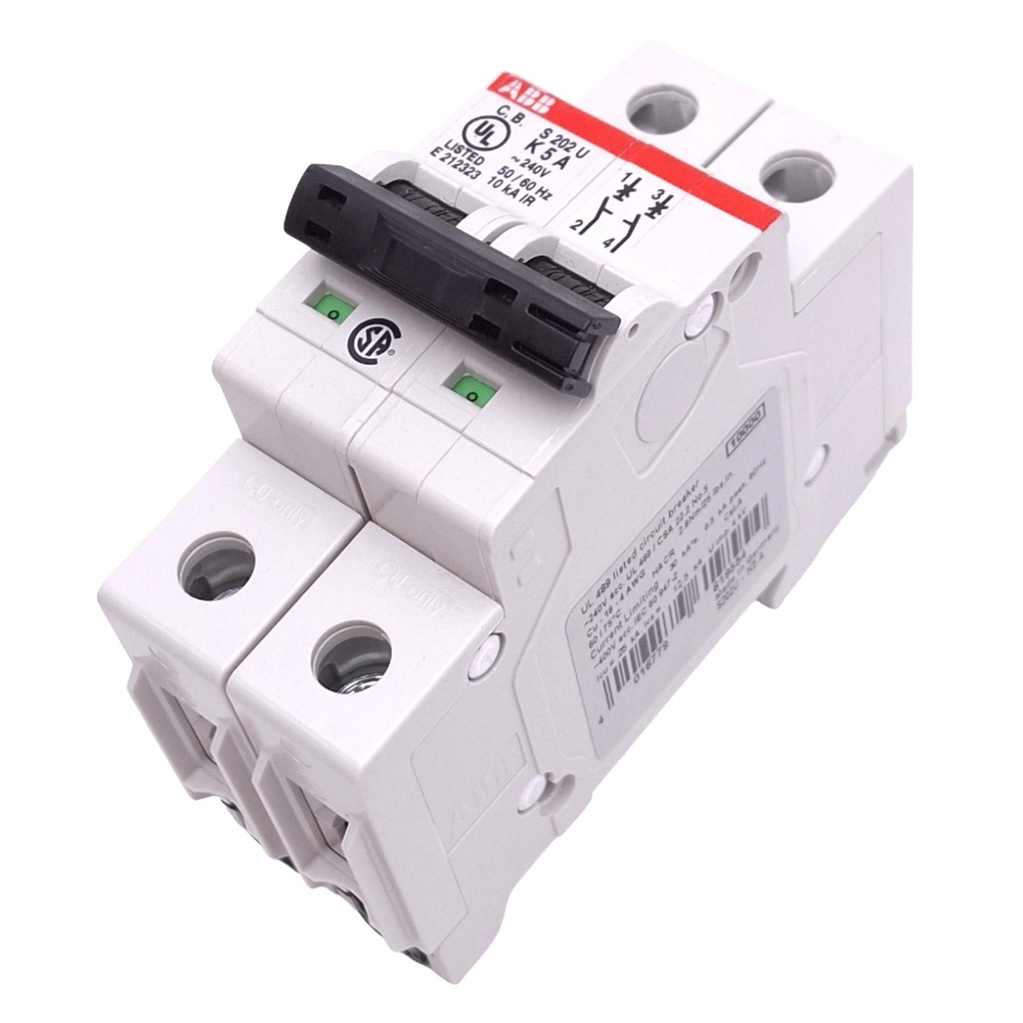 Used ABB S202U-K5A Circuit Breaker, 2-Pole 5A, 240VAC Max, DIN Rail Mount