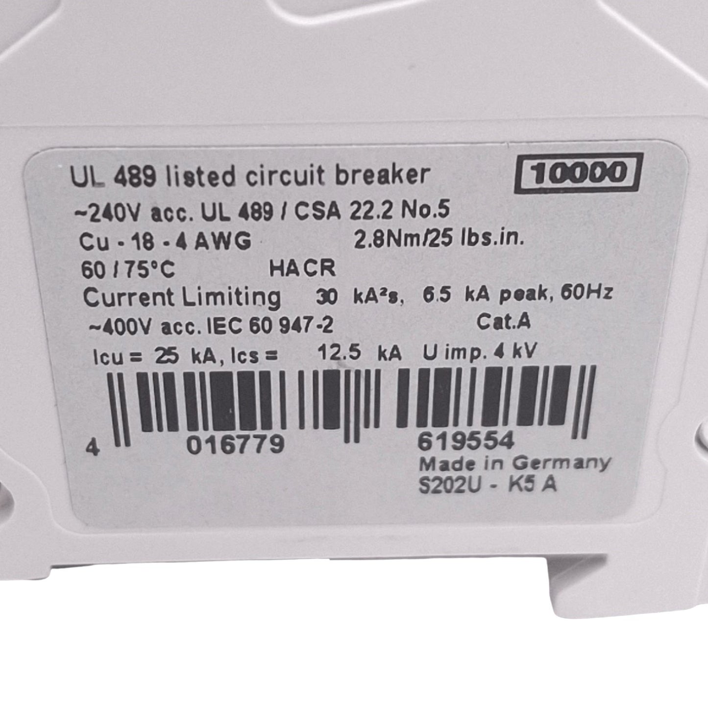 Used ABB S202U-K5A Circuit Breaker, 2-Pole 5A, 240VAC Max, DIN Rail Mount