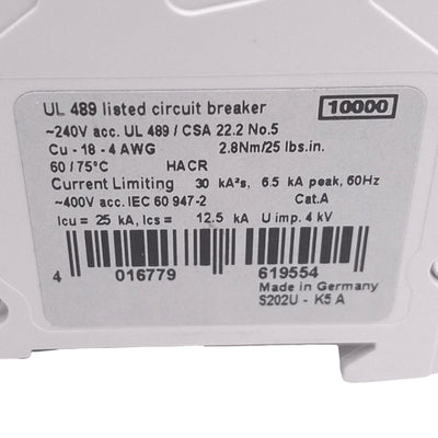 Used ABB S202U-K5A Circuit Breaker, 2-Pole 5A, 240VAC Max, DIN Rail Mount
