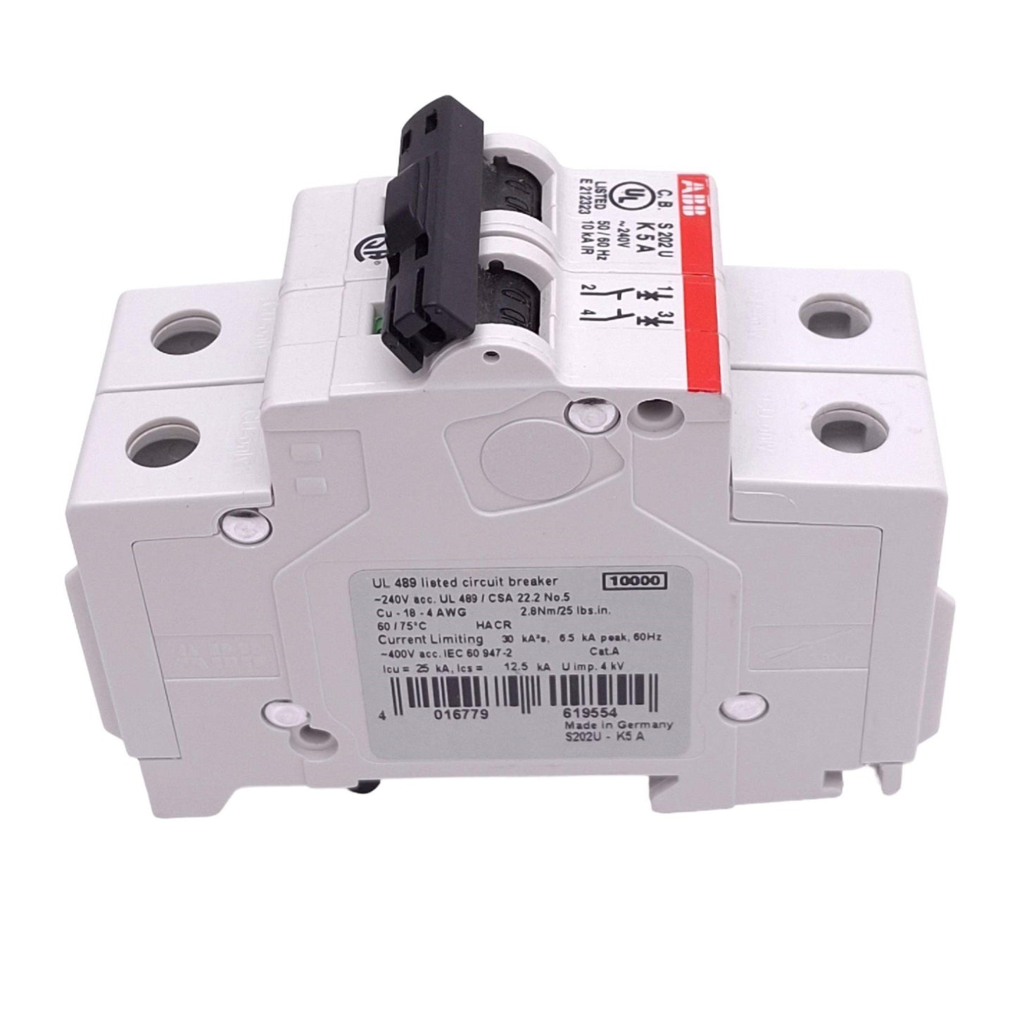 Used ABB S202U-K5A Circuit Breaker, 2-Pole 5A, 240VAC Max, DIN Rail Mount
