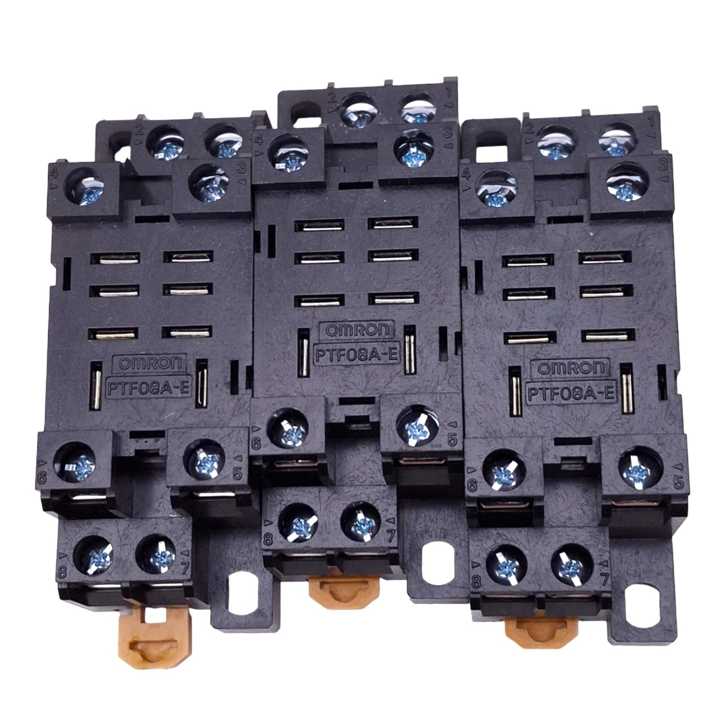 Used Lot of 3 Omron PTF08A-E Relay Sockets, 8-Pin Blade, 240VAC 15A Max, DIN Rail