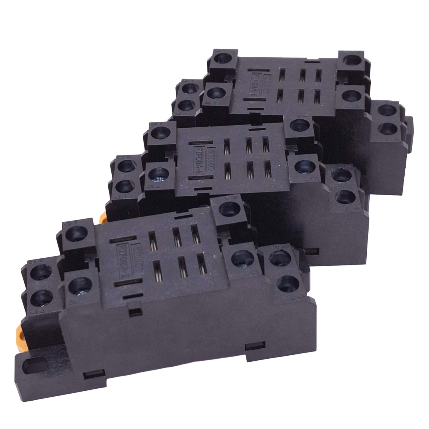 Used Lot of 3 Omron PTF08A-E Relay Sockets, 8-Pin Blade, 240VAC 15A Max, DIN Rail