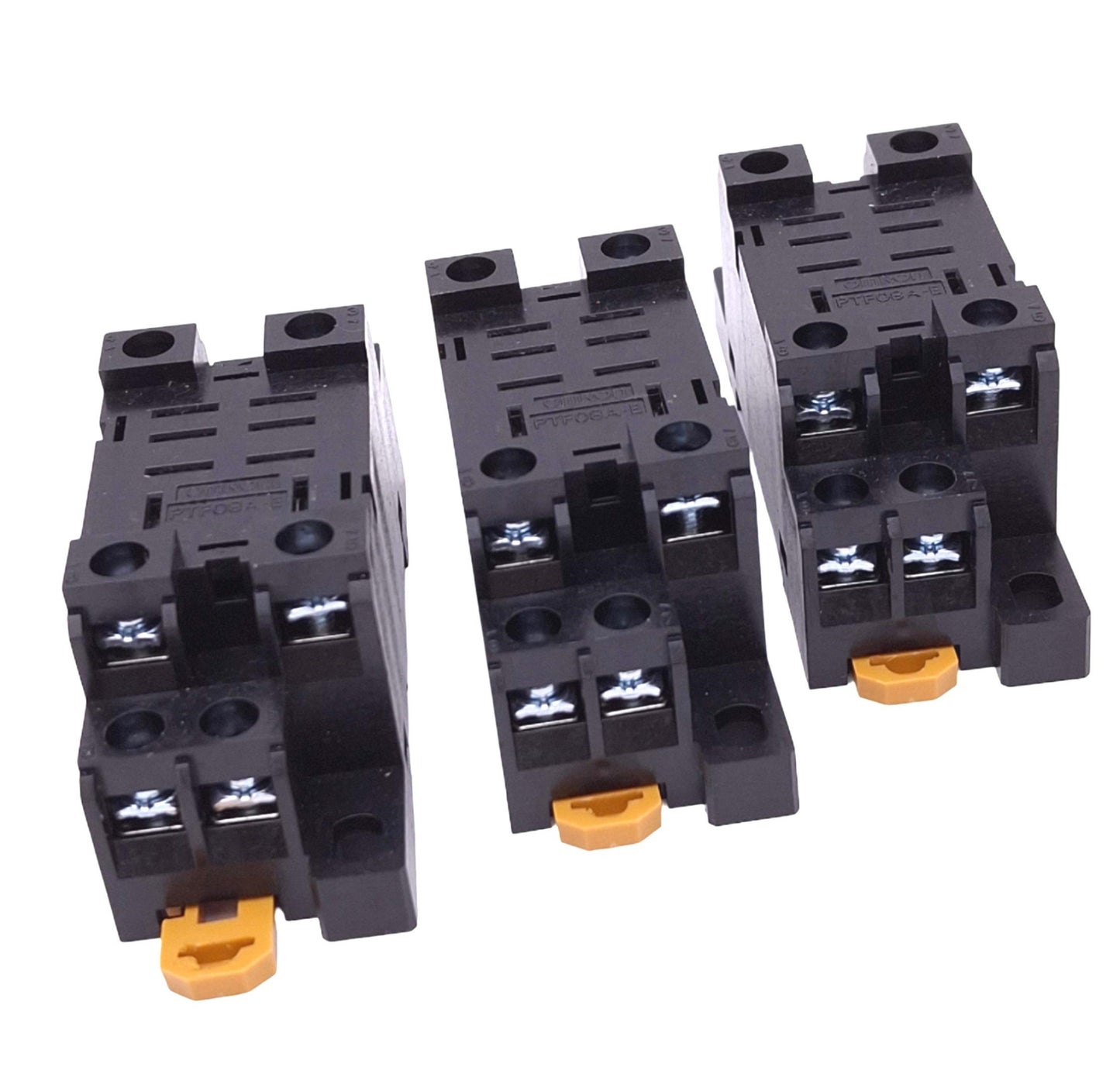 Used Lot of 3 Omron PTF08A-E Relay Sockets, 8-Pin Blade, 240VAC 15A Max, DIN Rail