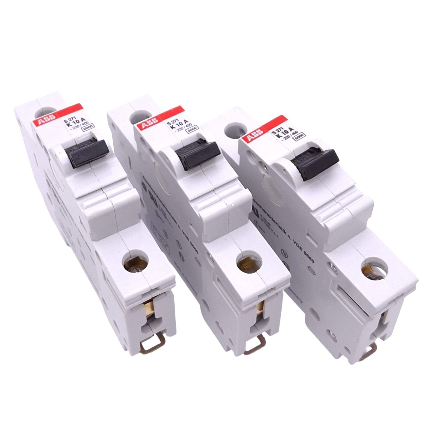 Used Lot of 3 ABB S271-K10A Circuit Breakers, 1-Pole 10A, 277/480VAC Max, DIN Rail