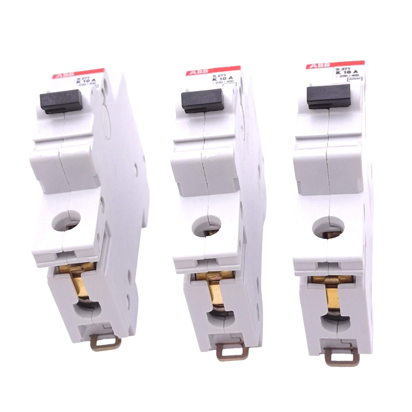 Used Lot of 3 ABB S271-K10A Circuit Breakers, 1-Pole 10A, 277/480VAC Max, DIN Rail