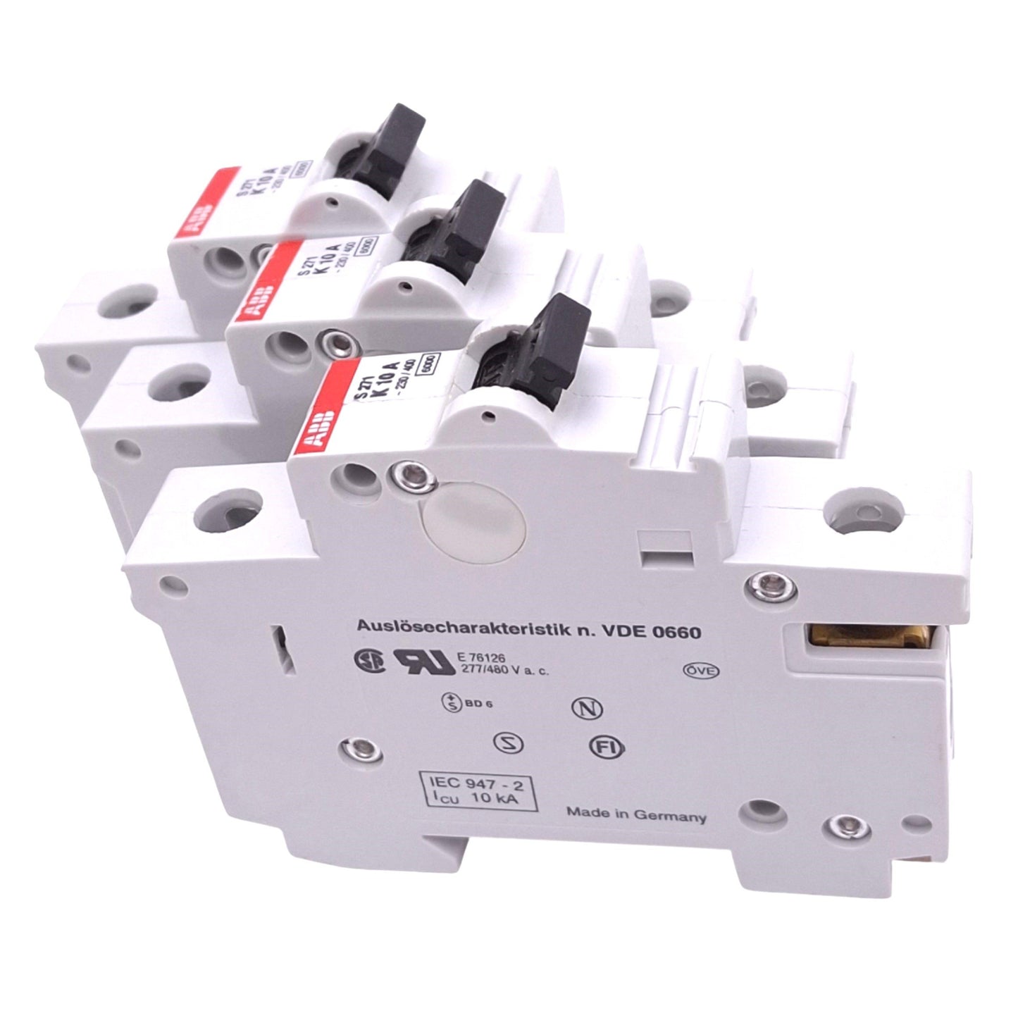 Used Lot of 3 ABB S271-K10A Circuit Breakers, 1-Pole 10A, 277/480VAC Max, DIN Rail