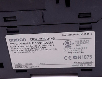 Used Omron CP1L-M30DT-D Sysmac Programmable Controller, 18DI 12DO, PNP/NPN, 24VDC